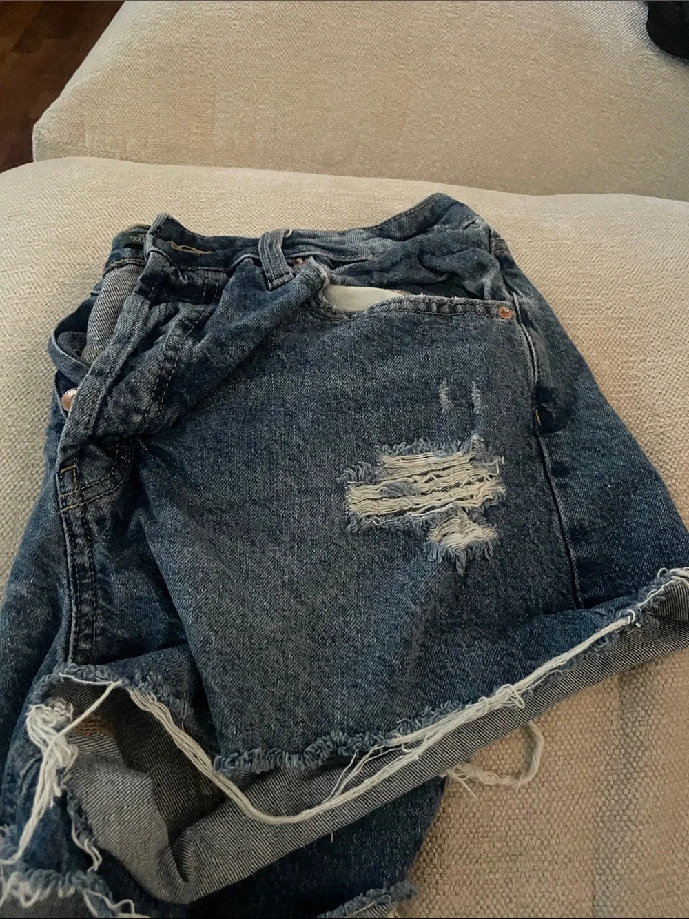 Women’s Dark Blue Distressed Denim Shorts